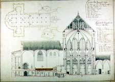Handgezeichneter, kolorierter Plan; Schnitt der Kirche und Grundriss der Krypta - AEK, Kartensammlung C 239.