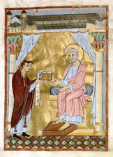 Hillinus - Codex: Domherr Hillinus übergibt dem hl. Petrus das von ihm gestiftete Evangelienbuch. Oben die älteste Darstellung des alten Kölner Doms um 1020 - 1030