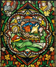 Geburt Christi im jüngeren Bibelfenster des Kölner Doms, um 1280; das von Albertus Magnus und Erzbischof Siegfried gestiftete Fenster befand sich vorher in der Dominikanerkirche zu Köln. 