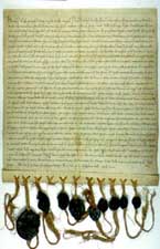 Pergamenturkunde, Juni 1252, anh. 10 Siegel, u. a. von Erzbischof Konrad v. Hochstaden, Albertus Magnus, 2 Siegel fehlen - AEK, Pfarrarchiv St. Severin A I 22.